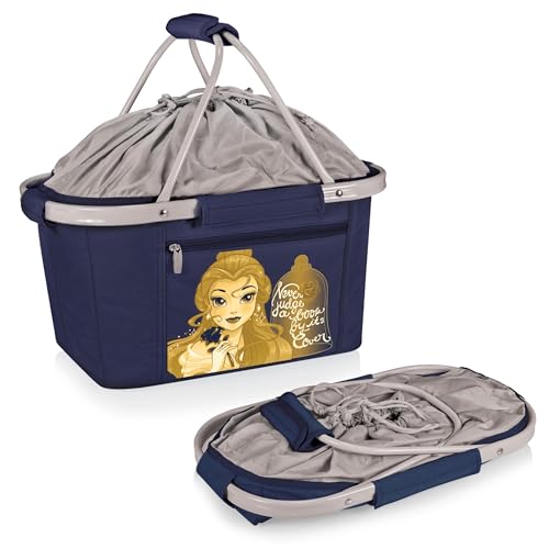 Picnic TIME Metro Shopping Basket Cooler, Insulated Collapsible Picnic and Market Basket with Aluminum Frame and Drawstring Top for Travel and Groceries - color: Disney Princess the Beauty & the Beast - Navy Blue