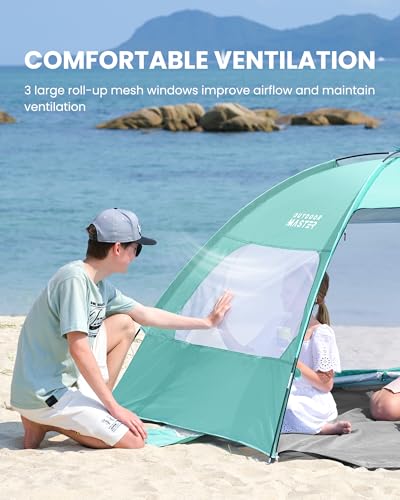 OutdoorMaster Beach Tent for 3/4/6/8 Person - Easy Setup Sun Shade Shelter, Portable Beach Shade Sun Canopy with UPF 50+ UV Protection, Removable Skylight Family Size - color: Green, size: 3 Person