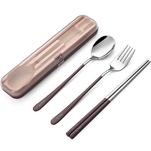 DEVICO Portable Utensils, Travel Reusable Silverware Flatware Set for Lunch, 18/8 Stainless Steel 4-Piece Camping Cutlery Include Fork Spoon Chopsticks with Case (Brown) - color: Brown