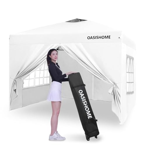 OASISHOME Pop-up Gazebo Instant Portable Canopy Tent 10'x10', with 4 Sidewalls, Windows, Wheeled Bag, for Patio/Outdoor/Wedding Parties and Events (10FTx10FT, White) - color: White