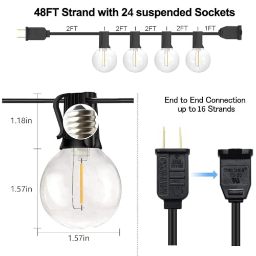 SUNTHIN Outdoor String Lights, 48FT Patio Lights with 25 G40 Shatterproof LED Bulbs(1 Spare), Waterproof Hanging Lights String for Outside Backyard, Porch, Deck, Party, Garden - color: Black, size: 48FT