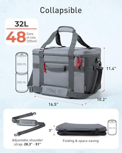 TOURIT Soft Sided Cooler Bag Insulated 30/48/60 Cans, Large Collapsible & Leakproof Ice Chest for Picnic, Beach, Camping, Travel - color: Grey, size: 48Can 32L