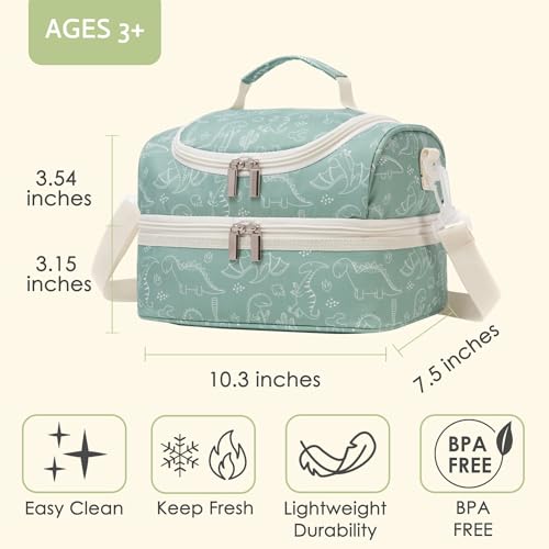 Insulated Kids Dual Compartment Lunch Bags Tote for Girls Boys Toddler Lunch Boxes Pre-School Toddler Kindergarten Picnic Camp Food Cooler Thermal with Strap - color: Green Dinos