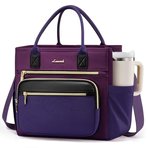 LOVEVOOK Insulated Lunch Bag Women,Wide Opening Adult Lunch Box Women,Large Leakproof Cooler Bag for Work Picnic Beach Family College,Lunch Teacher Tote Bag with Adjustable Shoulder Strap Cup Holder - color: Dark Purple with Black, size: Large —13l