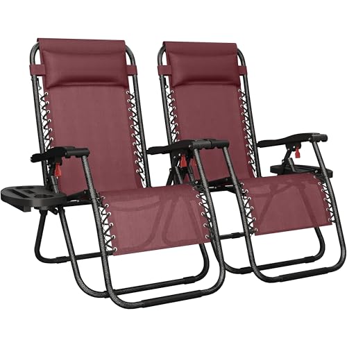 Yaheetech Zero Gravity Recliners Outdoor Adjustable Folding Reclining Lounge Chairs w/Pillows, Cup Holder Trays and Carry Strap for Patio Backyard Beach Burgundy Set of 2 - color: Burgundy