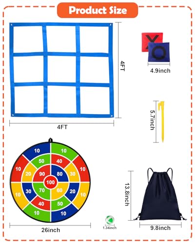 Giant Tic Tac Toe Outdoor Games, Bean Bag Toss Games, 26" Dart Board Game Double-Sided with Sticky Balls for Boys and Girls Ages 4-12 Kids Adults Family Lawn Yard Large Carnival Games - size: D+gtb