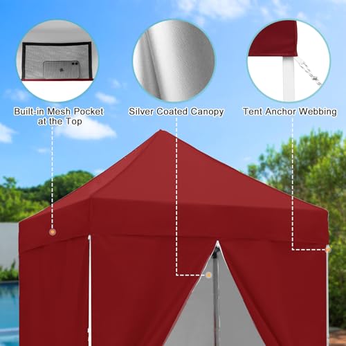 5x5 Pop Up Canopy Tent with Four Sidewalls, Instant Portable Beach Canopy, Outdoor Tent with Carry Bag for Camping, Sports, Tailgating, Events, Burgundy - color: Burgundy, size: With Four Walls
