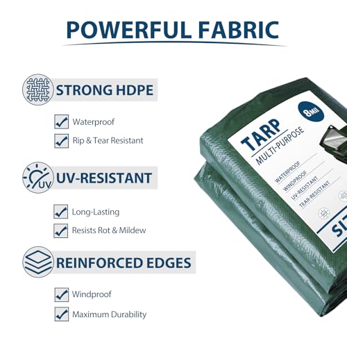 Tarp Waterproof 10x12 Multi-Purpose Green Camping Tarps 8Mil Thick with Reinforced Grommets for Under Pool, Emergency Rain Cover Outdoor - size: 10×12 Ft