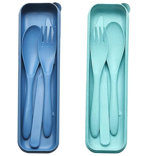 Reusable Travel Utensils Set with Case, 2 Sets Wheat Straw Portable Plastic Fork Spoons Knife Cutlery, Camping Eco-Friendly BPA Free Tableware for Kids Adults Work Picnic or Daily Use (Blue+Green) - color: Green + Blue
