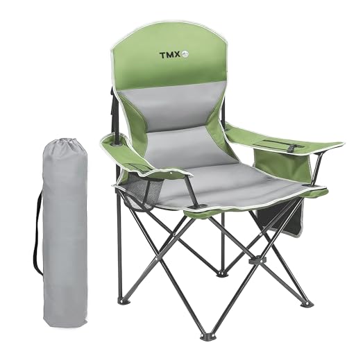XMT Extra Wide Armrests Portable Folding Chair with Cup Holder Cooler Bag Heavy Duty 600D Oxford Fabric Supports 450lbs Compact Foldable Camping Chair for Outdoor Beach Picnic Sports - color: 02-green