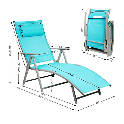 Tangkula Outdoor Folding Chaise Lounge Chair, Lightweight Recliner Chair w/ 7 Adjustable Backrest Positions, Patio Reclining Beach w/Removable Cushion & Pillow for Patio Poolside No Assembly Required - color: Turquoise