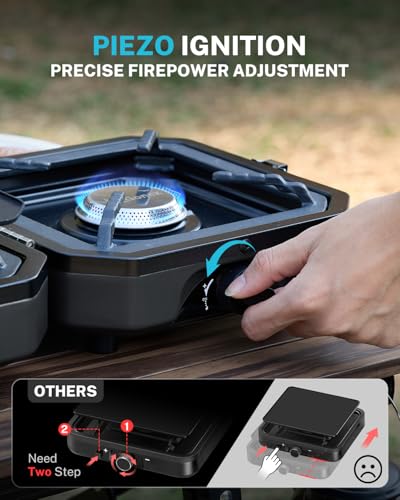 Gonex 2 Burner Propane Camping Stove with Griddle & Grates, Portable Foldable Cooking Stove with Total 16,000 BTU, Two Piezo Ignition Adjustable Burners for Camping, Patio, Emergency, Hiking (Black) - color: Black