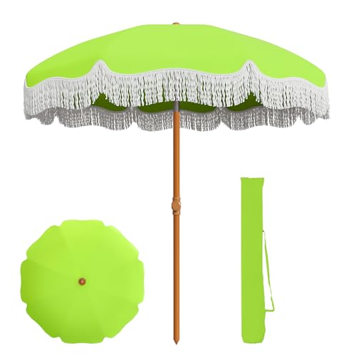 AreShark 7ft Patio Umbrella with Fringe, UPF50+ Beach Umbrella for Table, Pool & Garden, Portable Outdoor Tassels Umbrella w/Fiberglass Ribs&Push Bottom Tilt(Apple Green) - color: Apple Green, size: 7FT