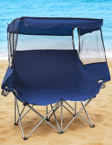 East Oak Double Camping Chair with Canopy | 24" High Back Camping Couch for Adults with 360° Sun Protection, 13 lbs Lightweight, 660 lbs Heavy Duty Canopy Chair for Outdoors - color: Blue, style: Camp Couch