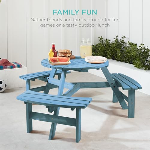 Best Choice Products 6-Person Circular Outdoor Wooden Picnic Table for Patio, Backyard, Garden, DIY w/ 3 Built-in Benches, 500lb Capacity - Seaside Breeze - color: Seaside Breeze