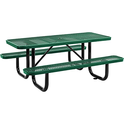Global Industrial 6’L Rectangular Picnic Table, Expanded Metal, Green Thermoplastic Coating, Attached Benches, 1-1/2” Umbrella Pole Hole, Outdoor-Rated, 1000 lb Capacity, 72” x 30” Tabletop - color: Green
