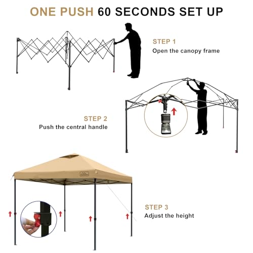 KAMPKEEPER One Person Setup 10x10 Pop up Canopy Tent, Instant Portable Canopy, One Push Outdoor Canopy with 3 Adjustable Heights, Wheeled Carry Bag, Bonus 8 Stakes(Khaki, 10x10FT with one Push) - color: Khaki, size: 10x10FT with one push