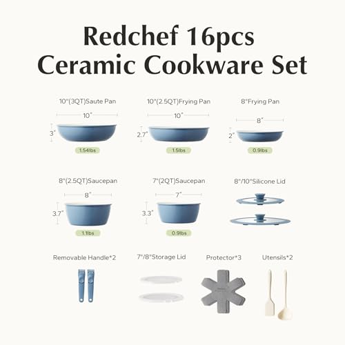 Redchef 16pcs Ceramic Nonstick Pots and Pans Set, Kitchen Cookware Set with Removable Handle, Non Toxic Cookware Set, PFAS PFOA & PTFE Free, RV Ceramic Cookware for Camping, Dishwasher/Oven Safe - size: 16 pcs Blue