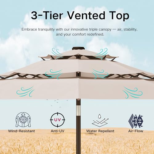 Kingdura 9ft 3-Tier Patio Umbrella with Solar Lights, Table Umbrella Outdoor Patio with Easy Crank & Tilt, 8 Sturdy Ribs, UV Protection, 32 LED Lights for Deck, Poolside, Market (Beige) - color: Beige-LED, size: 9 FT