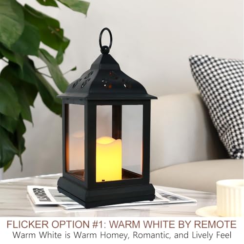2-Pack 9.5" Vintage Decorative Candle Lantern with LED Flickering Flameless Candle (Black, 6-Key Remote) - Indoor Hanging Lanterns Decorative Lanterns Battery Powered LED Candle & Remote - color: [2-pack] Black - 6-key Remote Included