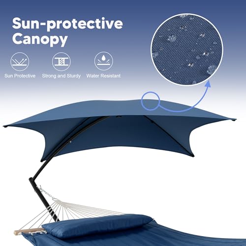 SUNCREAT Hammocks for Outside with Stand, Sunshade, Porch Hammock and Stand, 475 lbs Capacity, Patent Pending, Navy - color: Navy