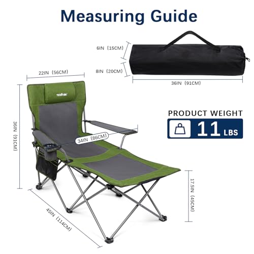 apollo walker Reclining Beach Chair, Adjustable 90-135° Backrest Camping Lounge Chairs for Adults, Folding Chair with Foot Rest & Detachable Pillow - Standard 6-Leg, Green - color: Green, style: 6-Leg