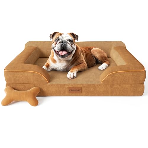 CWAWZ Dog Beds for Large Dogs, Orthopedic Dog Bed with Cooling Gel Memory Foam, Waterproof Large Pet Bed with Removable Washable Cover, 36" Pet Sofa Couch Dutch Velvet with Bone Toy, Brown - color: Brown, size: Large(36"L x 27"W x8.5"Th)
