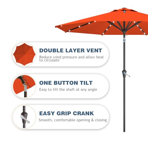 9FT Patio Umbrella with Solar Lights,Outdoor Market Umbrella with Tilt and Crank, LED Lighted Table Umbrella for Garden,Deck,Backyard,Pool,Beach (Orange) - color: Orange