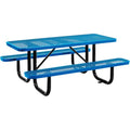 Global Industrial 6’L Rectangular Picnic Table, Expanded Metal, Blue Thermoplastic Coating, Attached Benches, 1-1/2” Umbrella Pole Hole, Outdoor-Rated, 1000 lb Capacity, 72” x 30” Tabletop - color: Blue