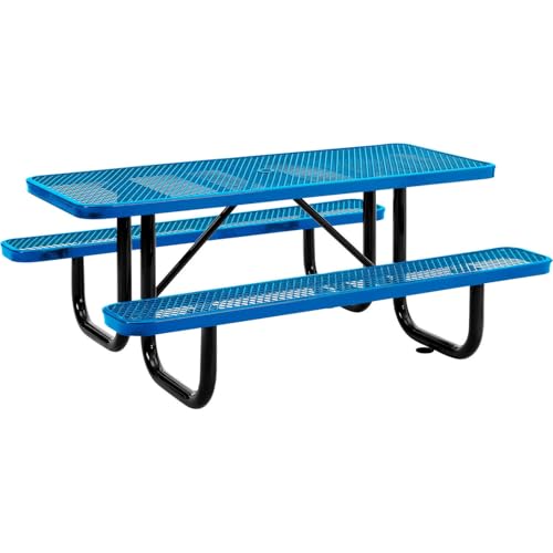 Global Industrial 6’L Rectangular Picnic Table, Expanded Metal, Blue Thermoplastic Coating, Attached Benches, 1-1/2” Umbrella Pole Hole, Outdoor-Rated, 1000 lb Capacity, 72” x 30” Tabletop - color: Blue