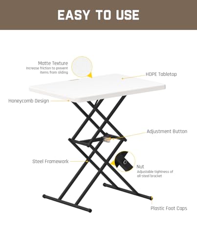 FanttikOutdoor Folding Table 2-Second One-Hand Height Adjustment, 3 Settings, Ultra-Thin 3.2" Fold, No Assembly, TV Tray Laptop Desk 28 inch, 1 Pack, White Zeta X1 Pro - color: Granite White