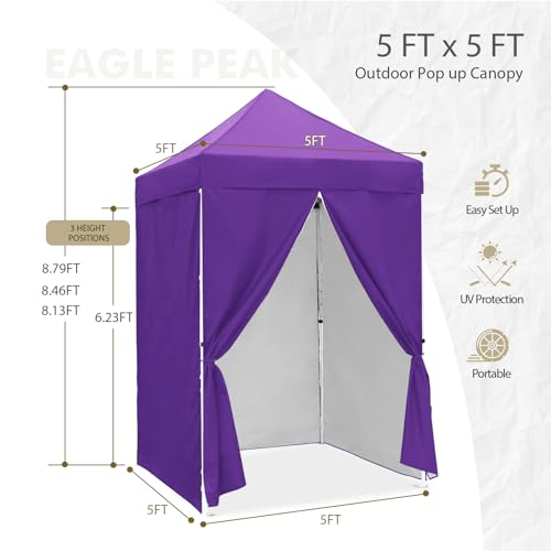 EAGLE PEAK 5x5 Instant Canopy with 4-Side Wall Panels, Small Pop up Portable Canopy Tent with Carry Bag, Light Weight Sun Shelter for Sports, Camping and Beach, Purple - color: Purple