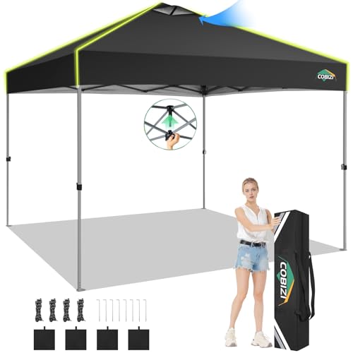 COBIZI 10x10 Pop Up Canopy Tent, Outdoor Party Tent Without Sidewall One Push Setup Glow, 3 Adjustable Height Air Vent Waterproof UPF50+, Bag, 4 Sandbag, 8 Stake, 4 Rope for Beach, Commercial - color: Black, size: 10x10