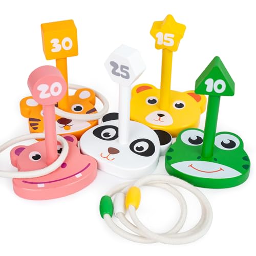 Wooden Ring Toss Game Set, Animal Ring Toss Game Toys, Fun Indoor & Outdoor Yard Game for Kids Adults - Lawn and Backyard Game for Family Birthday Party Easter Festivals Summer Beach Fun Activities