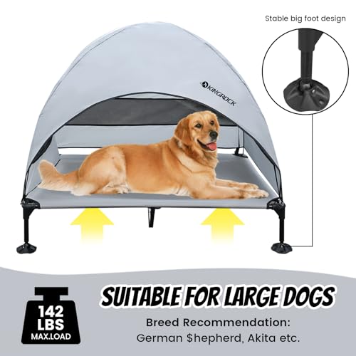 KINGROCK Elevated Dog Bed with Removable Canopy Portable Outdoor Pet Cot Waterproof 600D Oxford Fabric Anti Slip Feet for Large Dogs Camping Beach Indoor and Outdoor Use - color: Grey, size: 50"L x 32.6"W x 43"Th