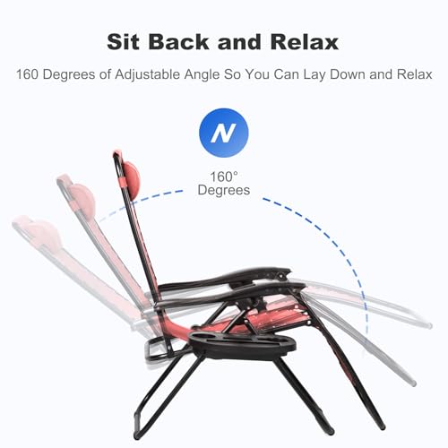Nazhura Set of 2 Relaxing Recliners Patio Chairs Adjustable Steel Mesh Zero Gravity Lounge Chair Beach Chairs with Pillow and Cup Holder Khaki (Pink) - color: Pink