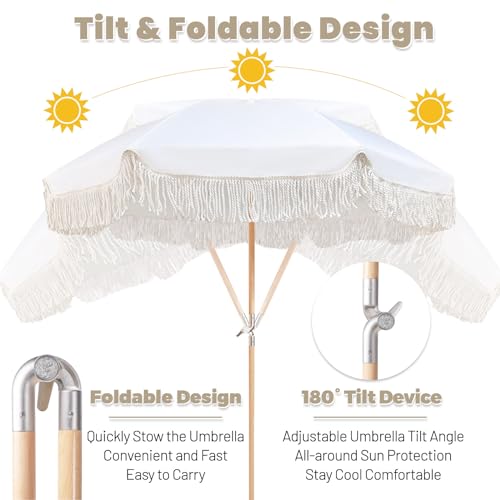 Lefedrasticity Boho Outdoor Umbrella with Tassels,6ft Table Umbrella Outdoor Patio with Knobs Tilt,Wind Resistant Portable Beach Umbrella UPF50+ Fringe Umbrellas For Pool Backyard Deck Garden - color: White