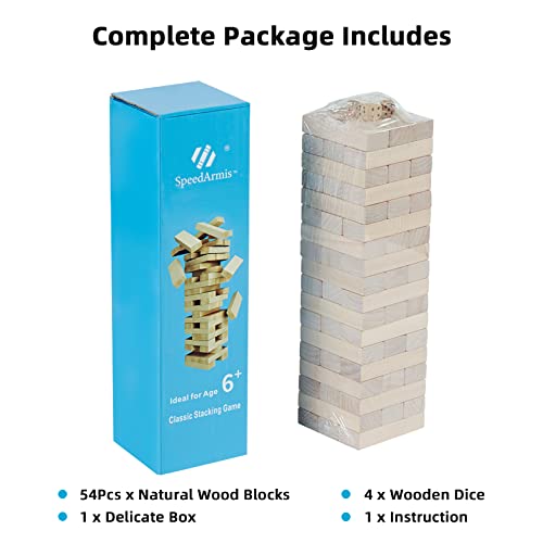SpeedArmis Mini Tumble Tower, 54PCS Wooden Stacking Game for Teens - Pine Stack Timber Board Games with 4 Dice Set - Classic ‌Xmas Gifts for Teens - size: Stack To Over 1.5FT