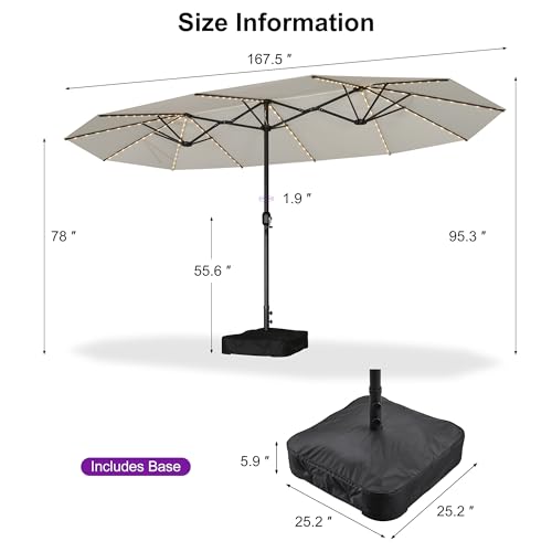 PURPLE LEAF 14ft Patio Market Umbrella with Solar LED and Base Double-Sided Rectangle Outdoor Table Sun Umbrellas with Crank for Pool Beach Deck Backyard Cream - color: Cream, size: 14' X 8' with Lights
