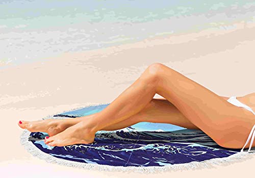 Violet Mist Blue Sea Wave Round Beach Blanket 60" Soft Microfibre Circular Beach Towel Throw with Fringe Large Sand Free Circle Beach Blanket with Tassels for Women Travel Swimming Pool Picnic Towel - color: Blue Sea Wave