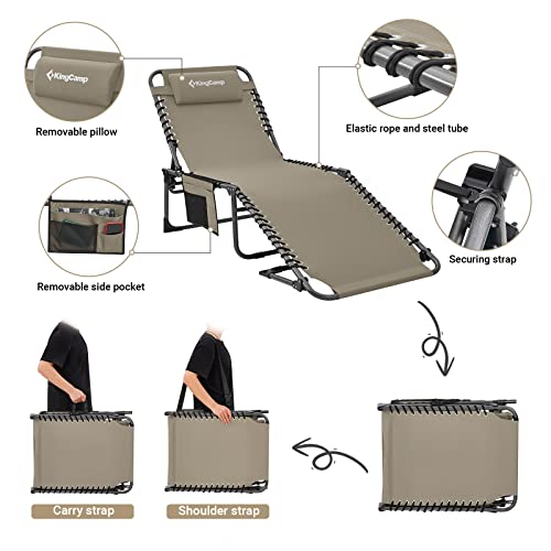 KingCamp Lounge Chair Outdoor, Folding Portable Tanning Chairs Comfy Adjustable 5-Position Lay Flat Foldable Chaise Chaser Lounger with Pillow for Outside Beach Patio Sun Bathing Pool, Beige - color: A*trifold Origins——beige, style: oversized