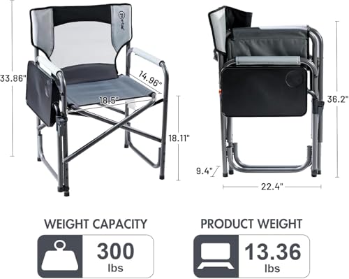 Portal Folding Director Chair with 2-Way Rotating Side Table, Heavy Duty 300 lb Camping Chair with Swivel Tray & Cup Holder, Ergonomic Mesh Back Portable Outdoor Seat for RV, Tailgating & Lawn, Grey