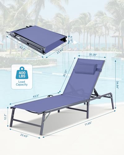 2 Pack Foldable Chaise Lounge Chair with Cup Holder, Assemble-Free Outdoor Lounge Chair with Detachable Pillow and 6 Adjustable Backrest, Patio Lounge Chair for Outside Poolside Beach Pool, Blue - color: Blue, size: 2-Pack