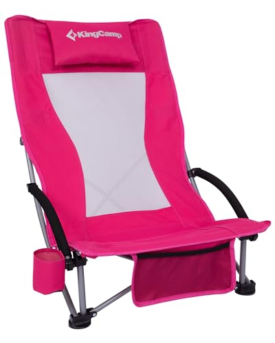 KingCamp Low Beach Chair, High Back Folding Camping Chair for Adults, Oversized Breathable Mesh Seat, 300lbs Heavy Duty Portable Chair with Cup Holder & Storage Pockets for Beach, Outdoor - color: Ergobreeze H Rosered