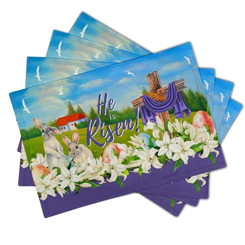 Easter Placemats Set of 4, 12x18 Inch Farmhouse Flowers Bunny Place Mat Heat Resistant Washable Rectangle Dining Table Mat Seasonal Holiday Outdoor Indoor Dinner Party Decoration - color: Easter Bunny Flowers