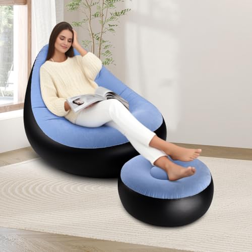 Inflatable Lounge Chair for Adults, Portable Folding Inflatable Blow Up Couch with Foot Stool, Lazy Flocking Recliner Chair Air Sofa for Indoor Outdoor Travel Camping (No Pump)