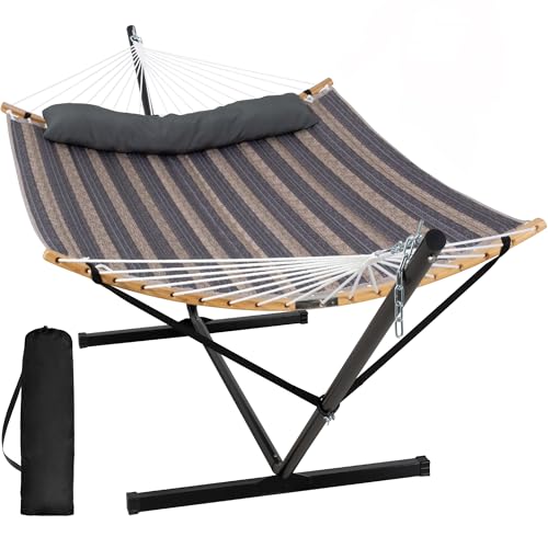 SUNCREAT Hammocks for Outside with Stand Included, Double Hammock with Curved Spreader Bar, Carrying Bag, Gray Stripes - color: Dark Gray Stripes
