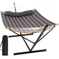 SUNCREAT Hammocks for Outside with Stand Included, Double Hammock with Curved Spreader Bar, Carrying Bag, Gray Stripes - color: Dark Gray Stripes