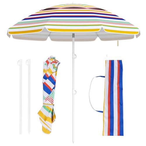 6.5 FT Beach Umbrella, Outdoor Umbrella Sun Shelter with 30° Adjustable Tilt, UPF 50+ Sun Protection, Carrying Bag, Vented Top & Sharp Anchor, Stripe Sunshade Parasol for Garden, Pool, Yard, Beach