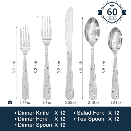HIKAA 60PCS Stainless Steel Silverware Set, Modern Flatware Set for Kitchen, Mirror Polished Cutlery Set with Forks, Spoons and Knives，Dishwasher Safe - size: Standard 60PCS